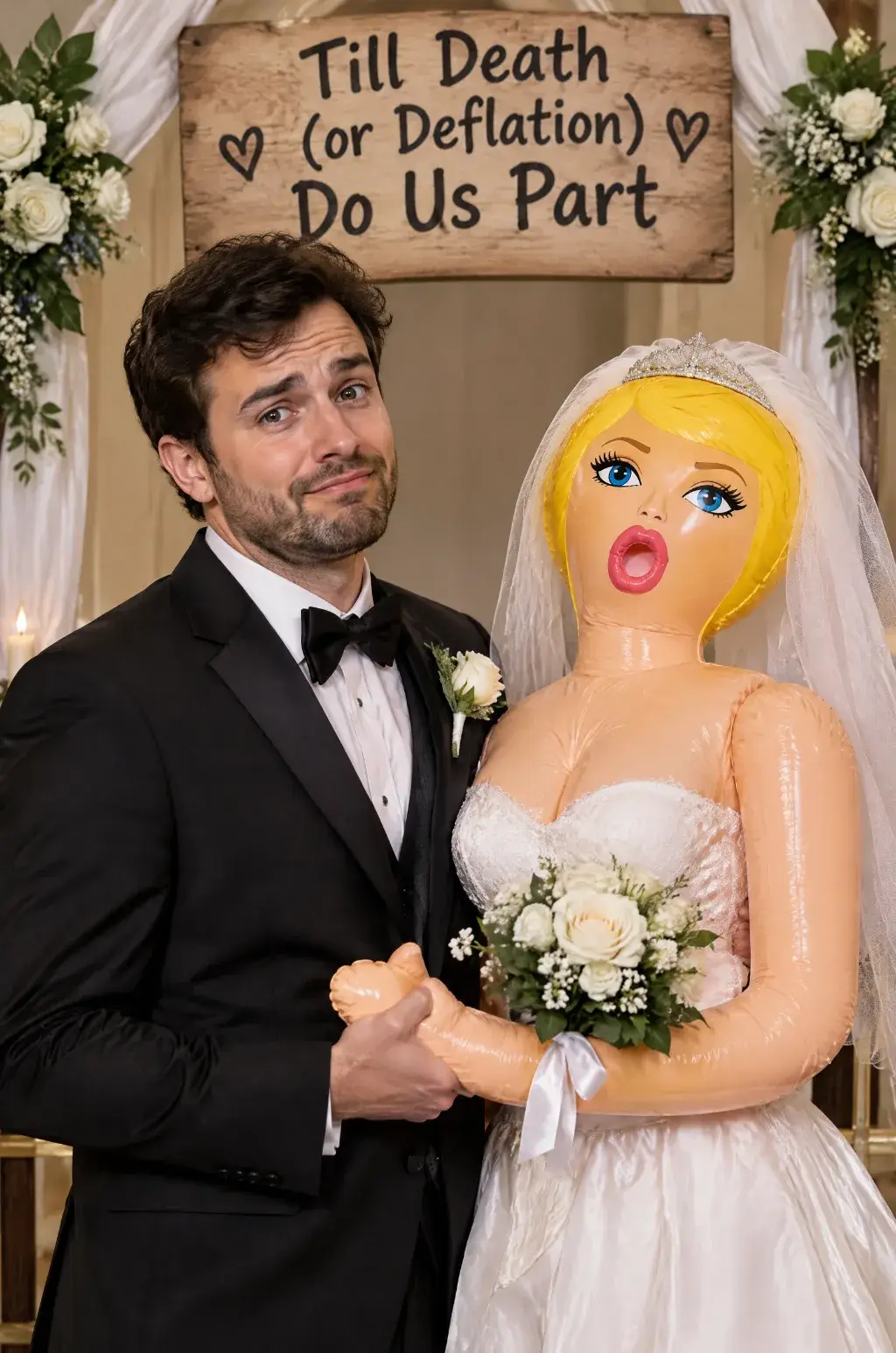The Inflatable Wedding &ndash; comedy film still by Saltire Productions, groom posing with an inflatable bride